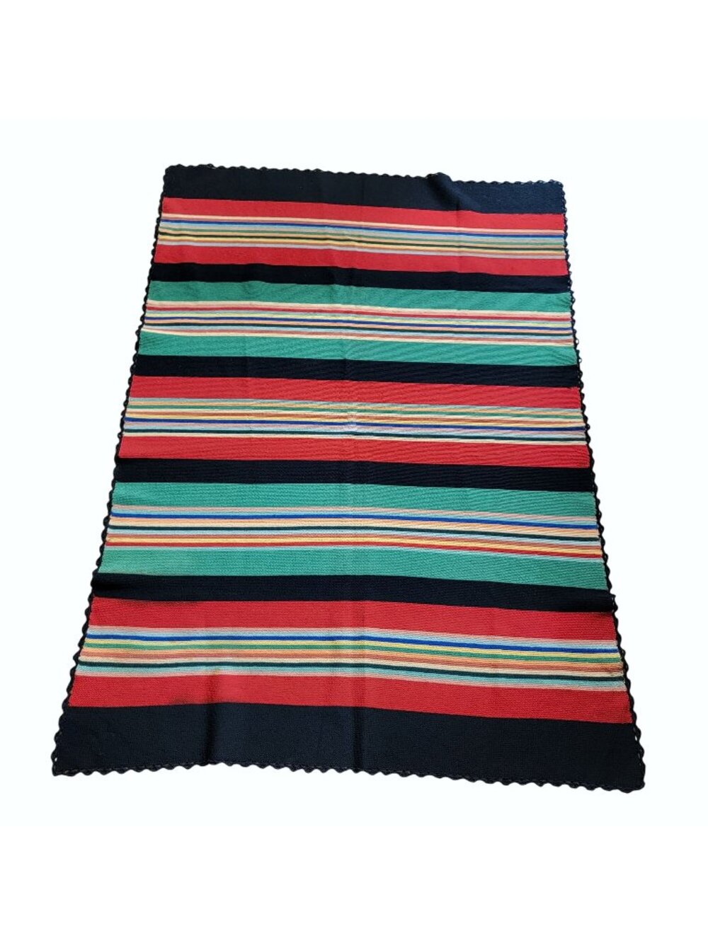 Vintage Mexican Woven Serape Blanket Multicolor Striped With Black Crochet Trim